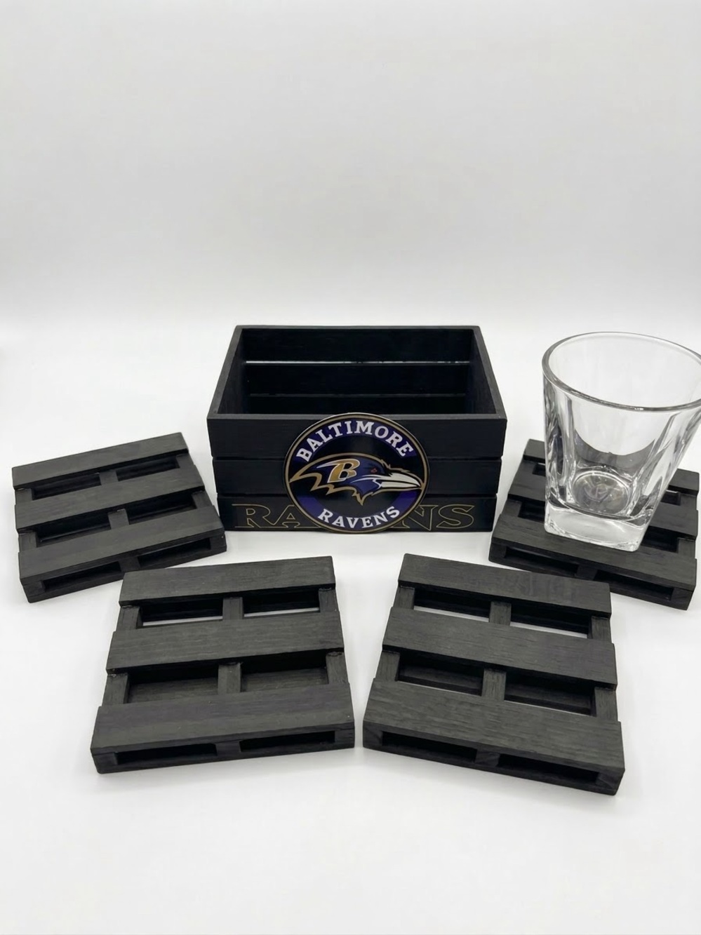 Black Wooden Coaster Set with Holder